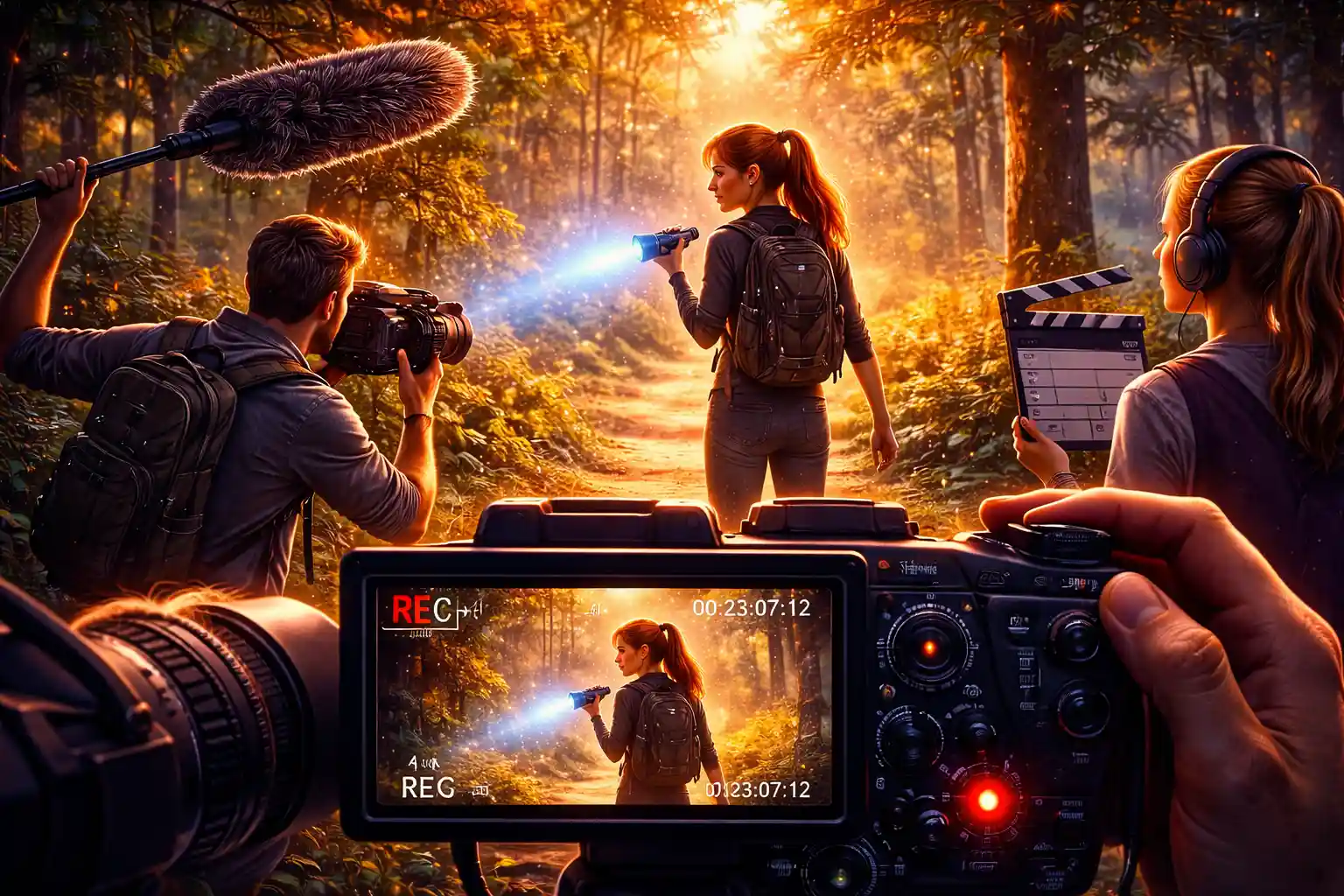 A person filming with a camera on a tripod.